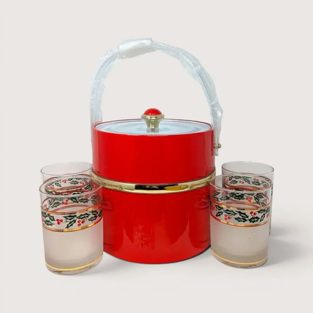 Vintage Culver Holiday Holly Ice Bucket and Glassware Set
